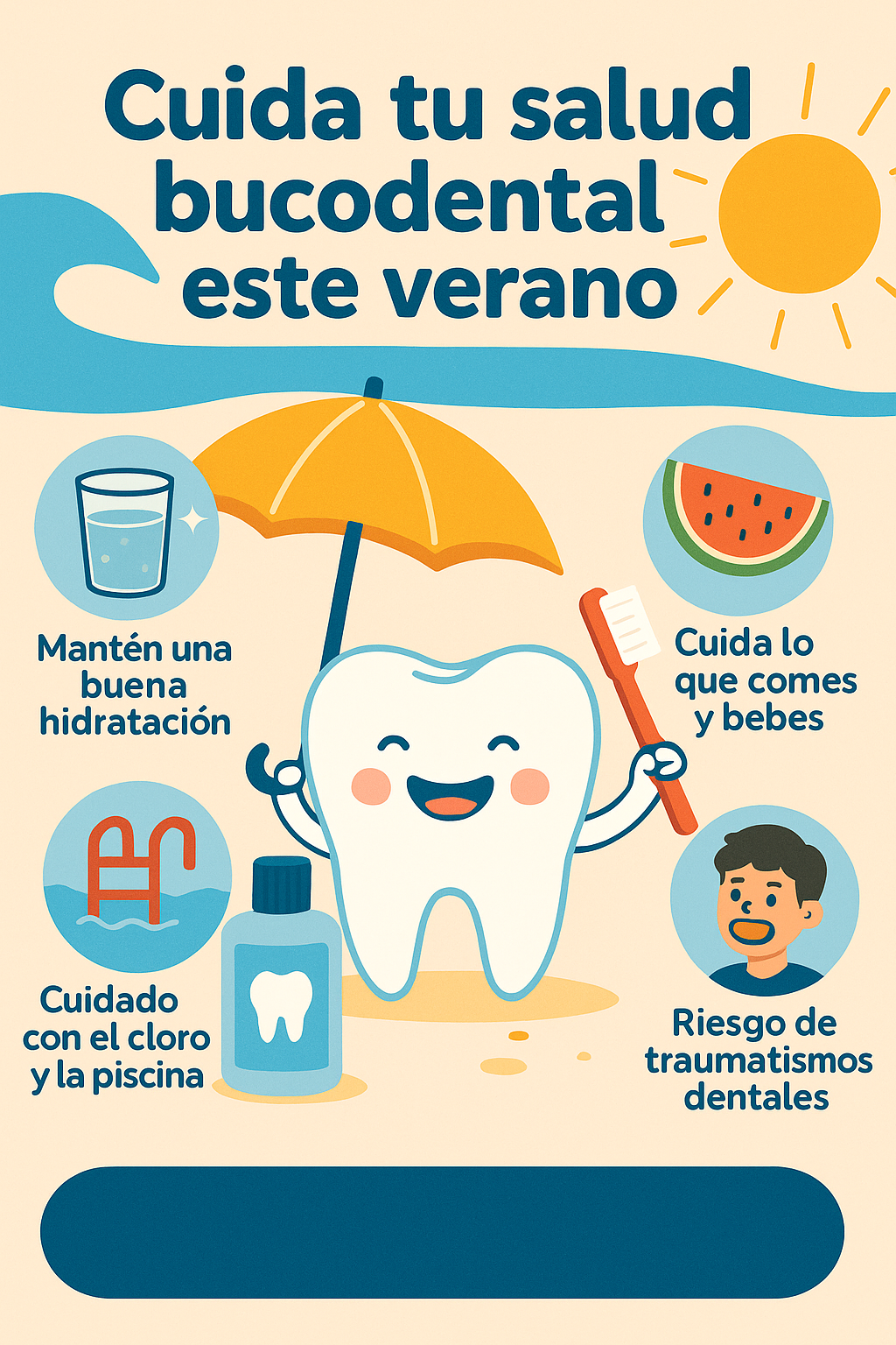 Cartel consejos de salud bucodental con una muela en la playa | Salud Bucodental | Caries | Dentista Madrid Río