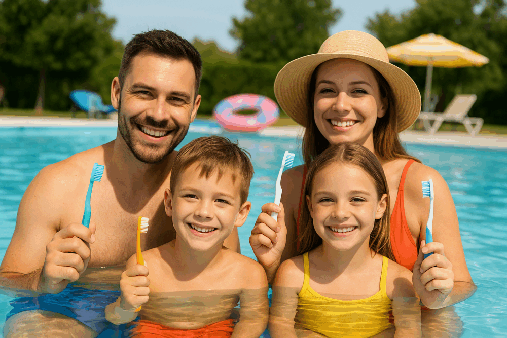 Familia dentro de la piscina con cepillos de dientes | Salud Bucodental | Caries | Dentista Madrid Río