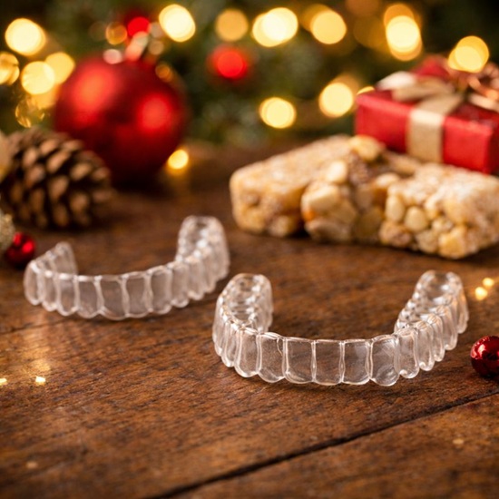 Alineadores transparentes en una mesa navideña | Ortodoncia en Navidad | Alineadores | Clínica Dental en Madrid