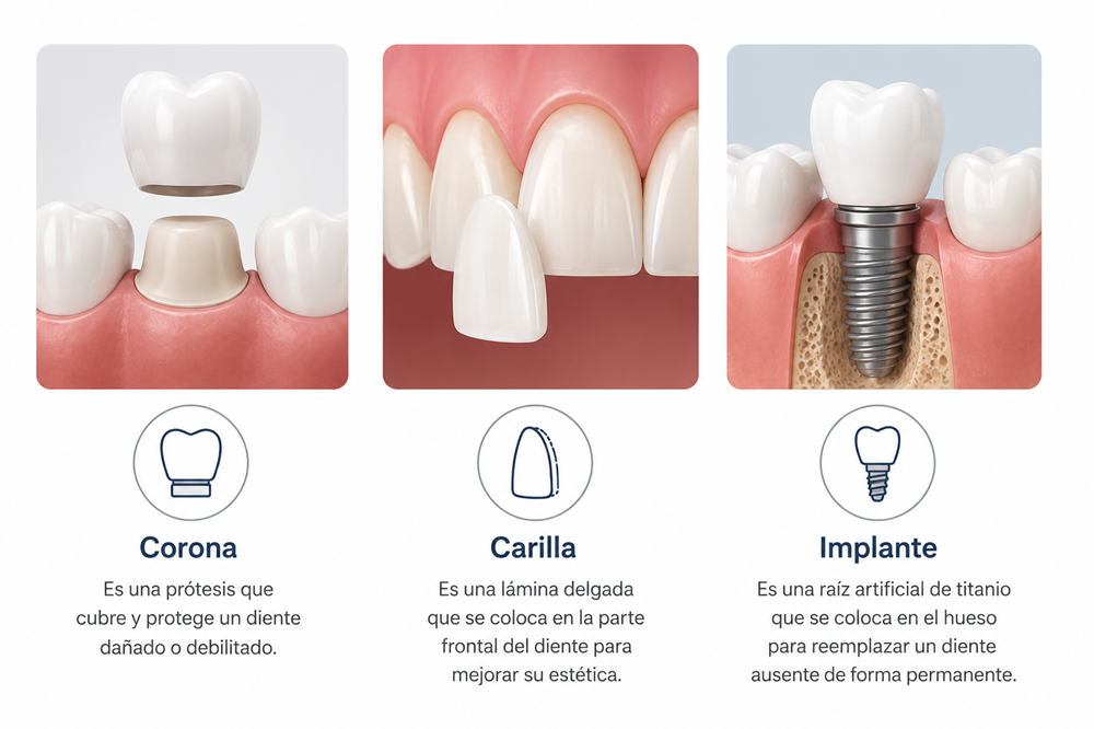 Imagen Comparativa entre corona, carilla e implante dental | Coronas Dentales | Estética Dental | Clínica Dental en Legazpi