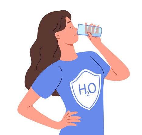 Dibujo mujer con camiseta H2O bebiendo agua | Llagas en la Boca | Salud Bucodental |Clínica Dental en Madrid Río