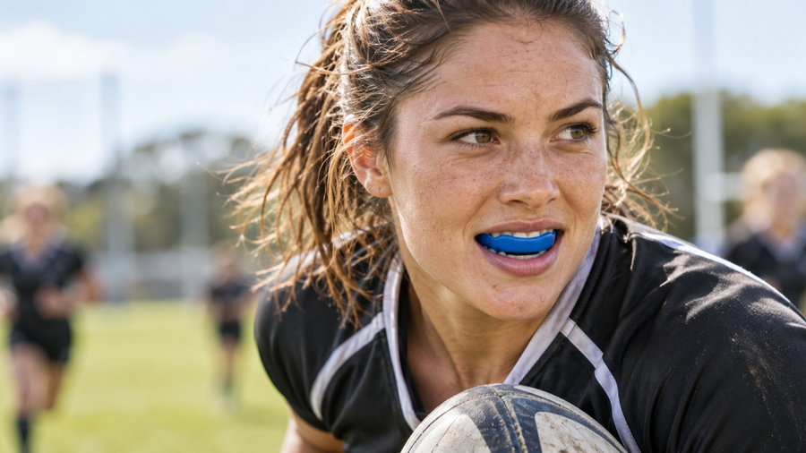 Mujer usando protector bucal jugando al rugby | Protector bucal deportivo | Dentista Madrid Río | Clínica Dental